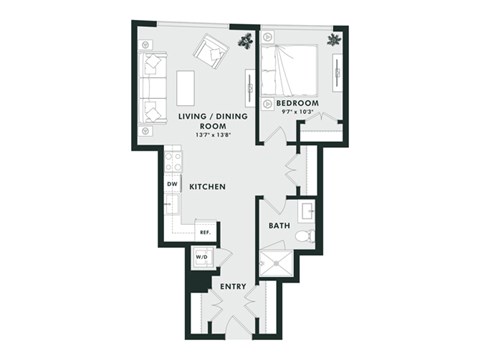Floor plan for 1 bed, 1 bath, 680 sqft